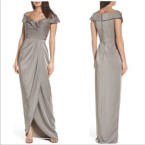 La Femme Dress Gown Surplice Off the Shoulder Ruched Column in Pewter Sz 2